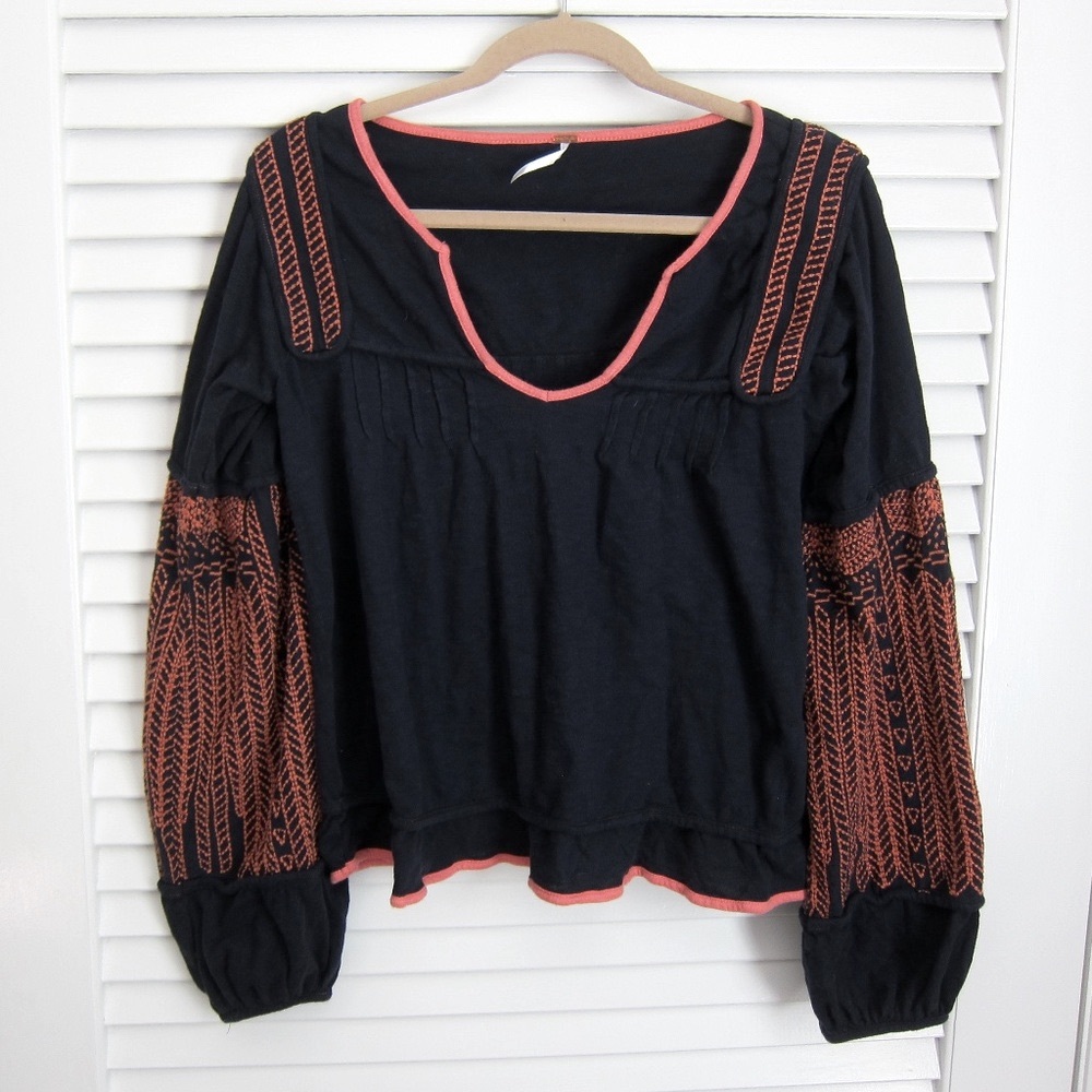 Free People Boho Peasant Top Bubble Puff Knit Sleeves